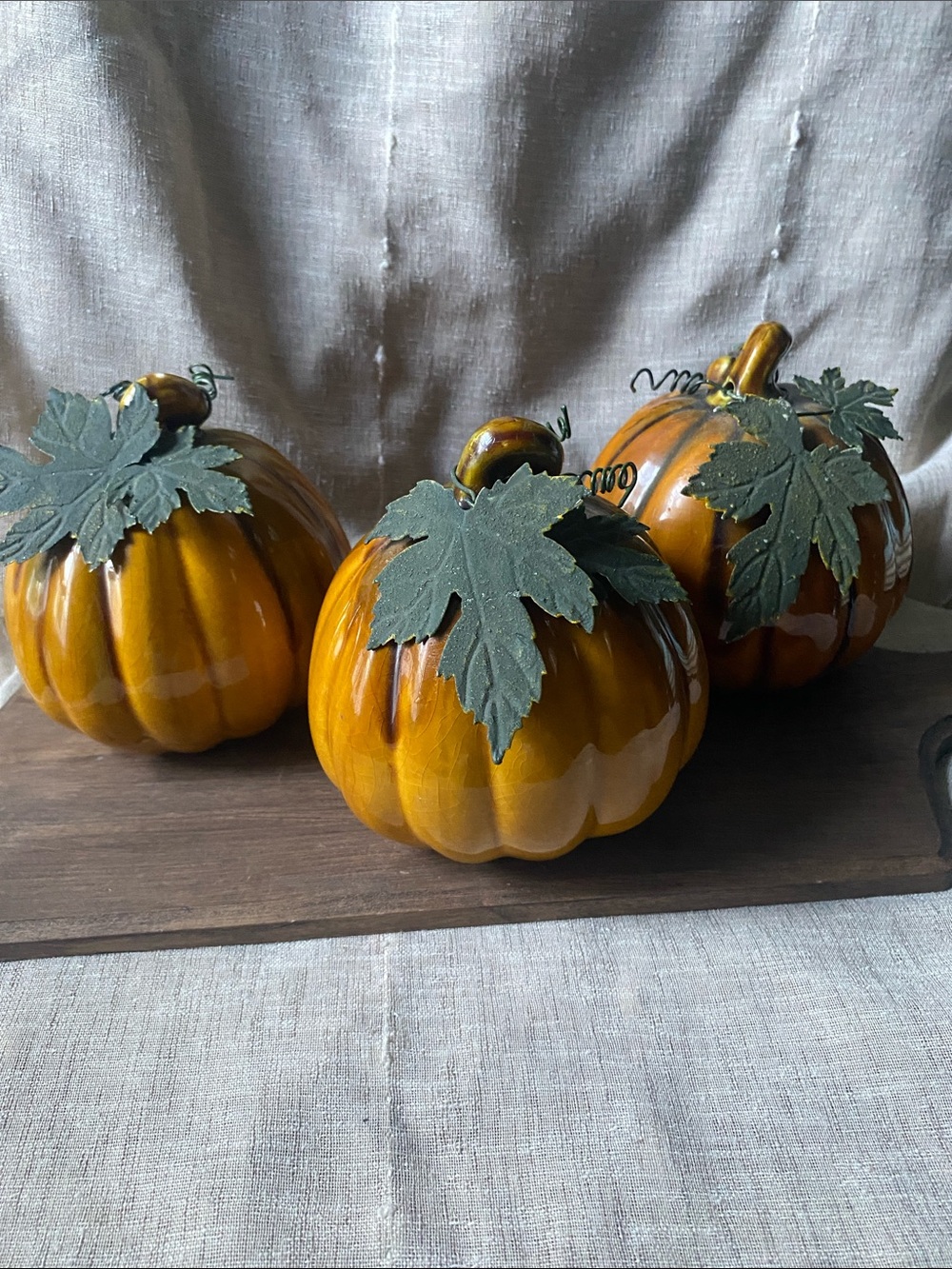 Autumn Ceramic Pumpkin Trio with Green Leaves -